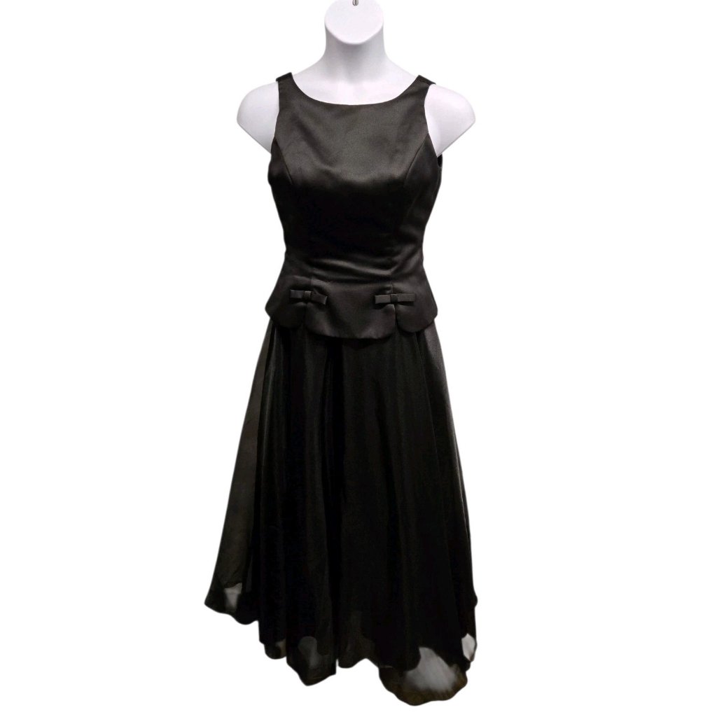 Vntg Dave & Johnny Womens 10 Black Peplum Dress Organza Skirt Special Occasion